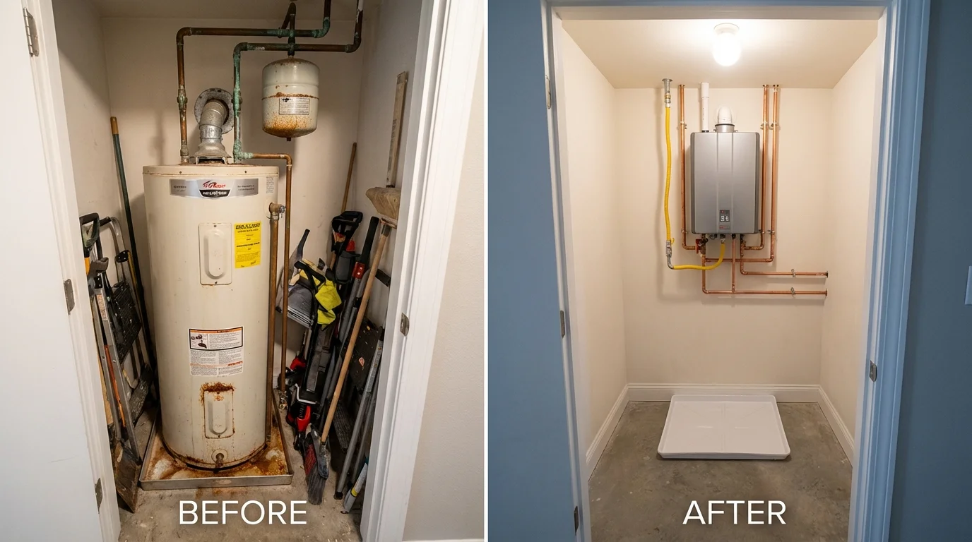 Tank water heater versus wall-mounted tankless unit comparison for Chesterton, IN homeowners