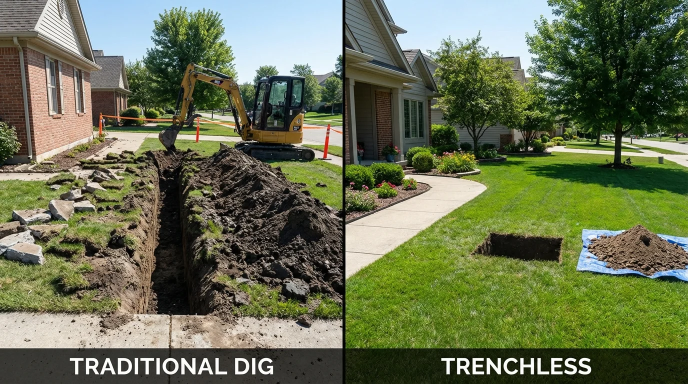 Trenchless sewer repair with minimal yard damage versus traditional excavation in Chesterton, IN