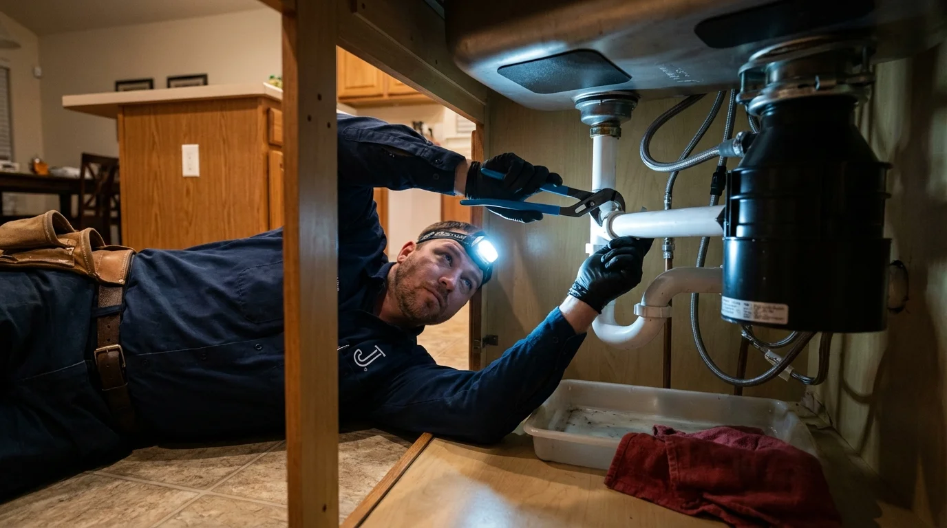 P-trap and supply line connections under a kitchen sink showing a common leak point in Chesterton, IN